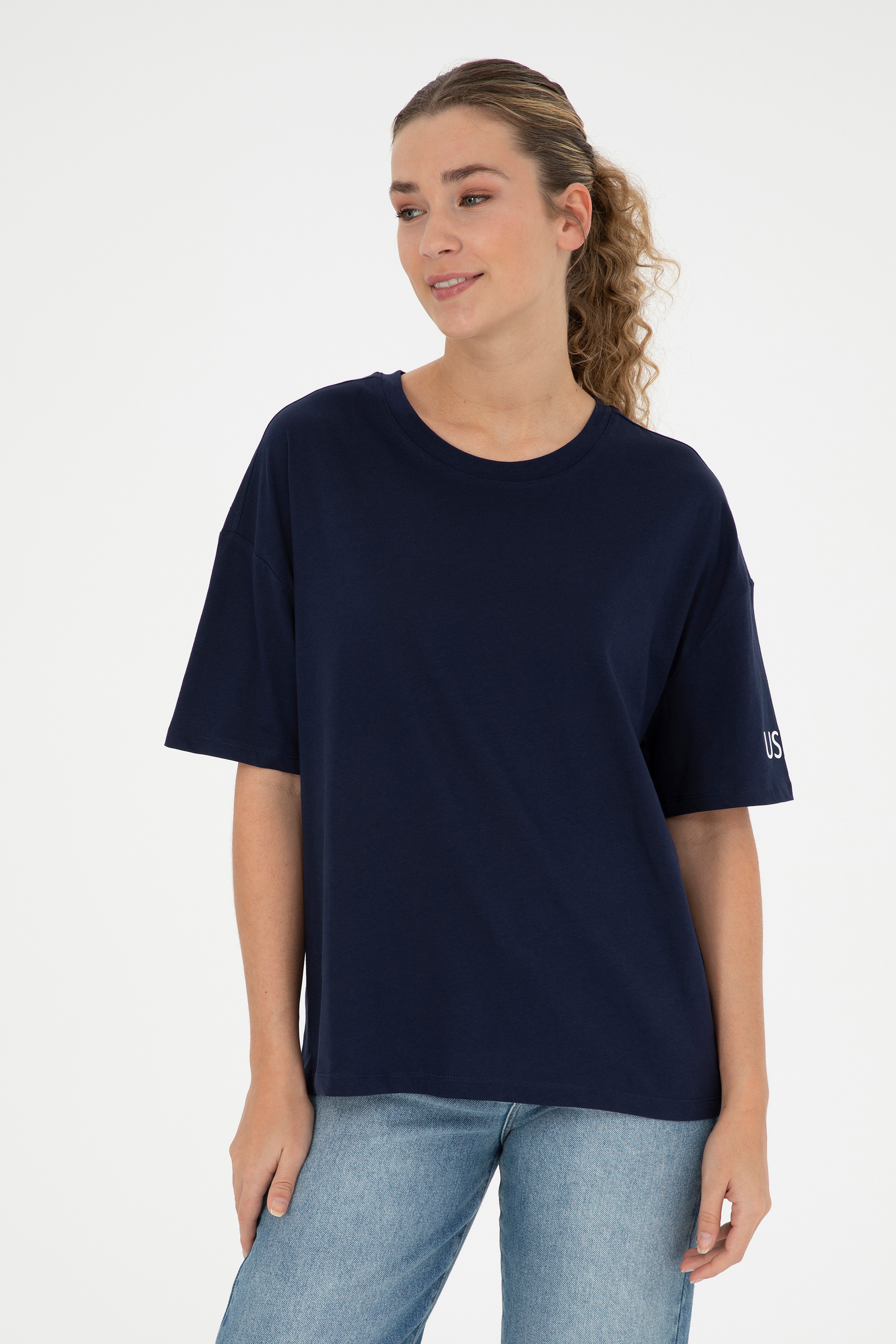 Kadın Lacivert Oversize Bisiklet Yaka Tişört - Image 1