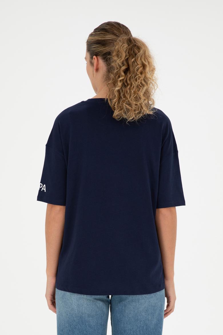 Kadın Lacivert Oversize Bisiklet Yaka Tişört - 50286107042