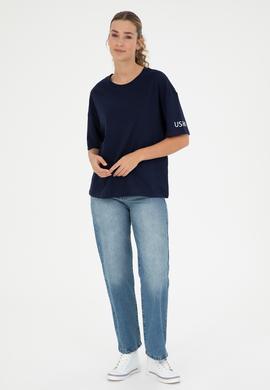 Kadın Lacivert Oversize Bisiklet Yaka Tişört - 50286107042