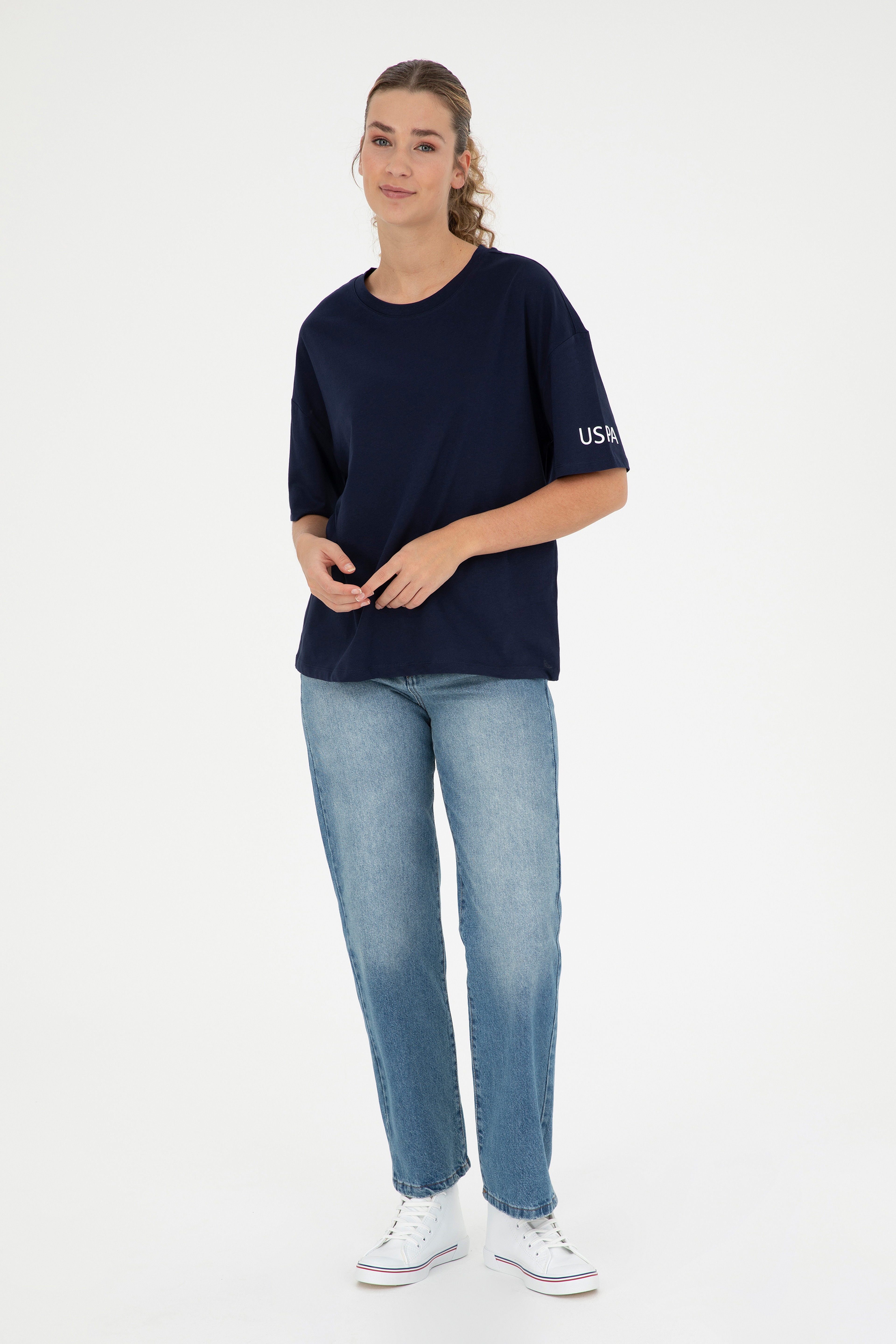 Kadın Lacivert Oversize Bisiklet Yaka Tişört - Image 4