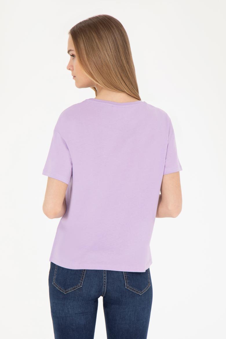 Kadın Lila Bisiklet Yaka Tişört - 50282904012
