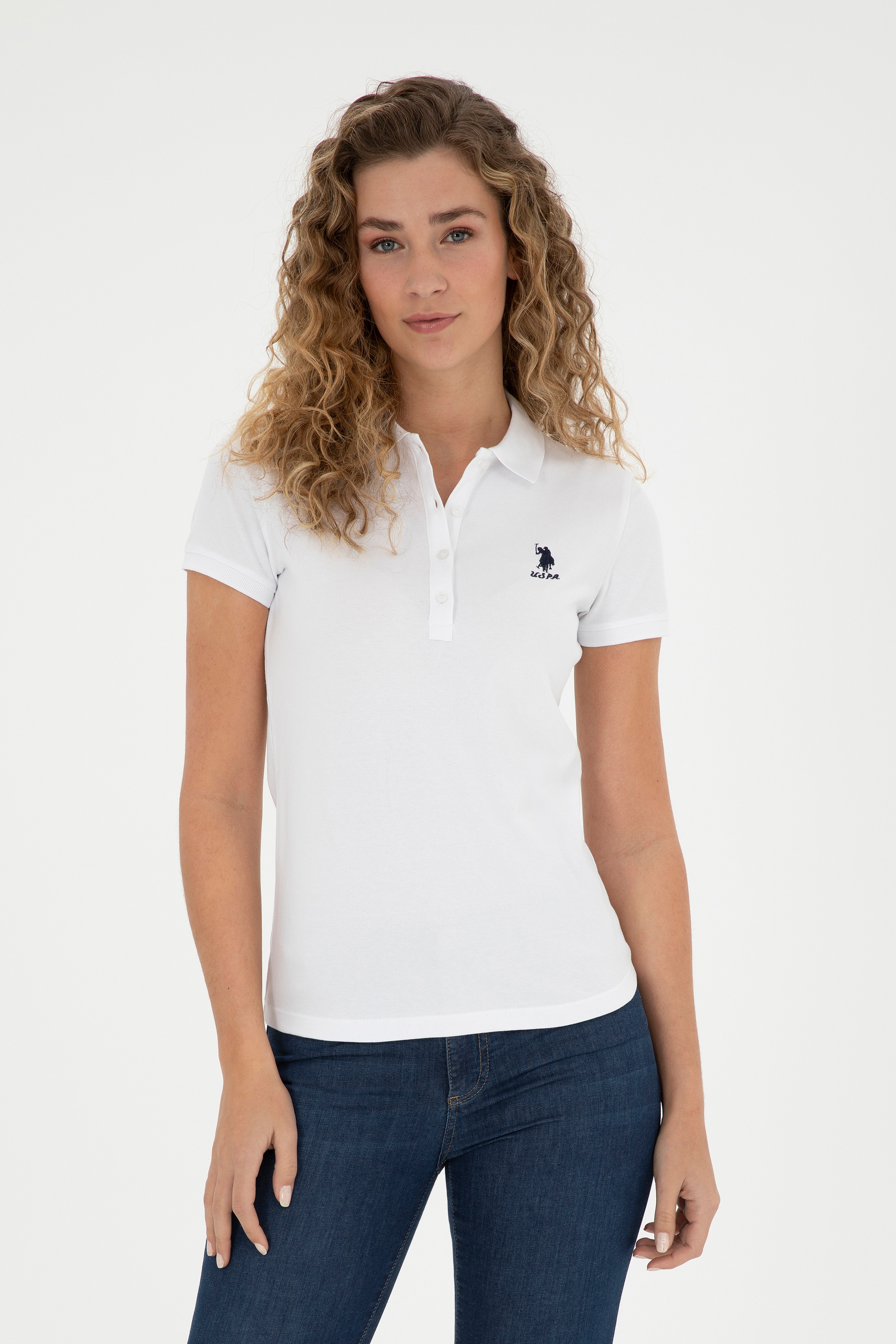 Kadın Beyaz Basic Polo Yaka Tişört - Image 1