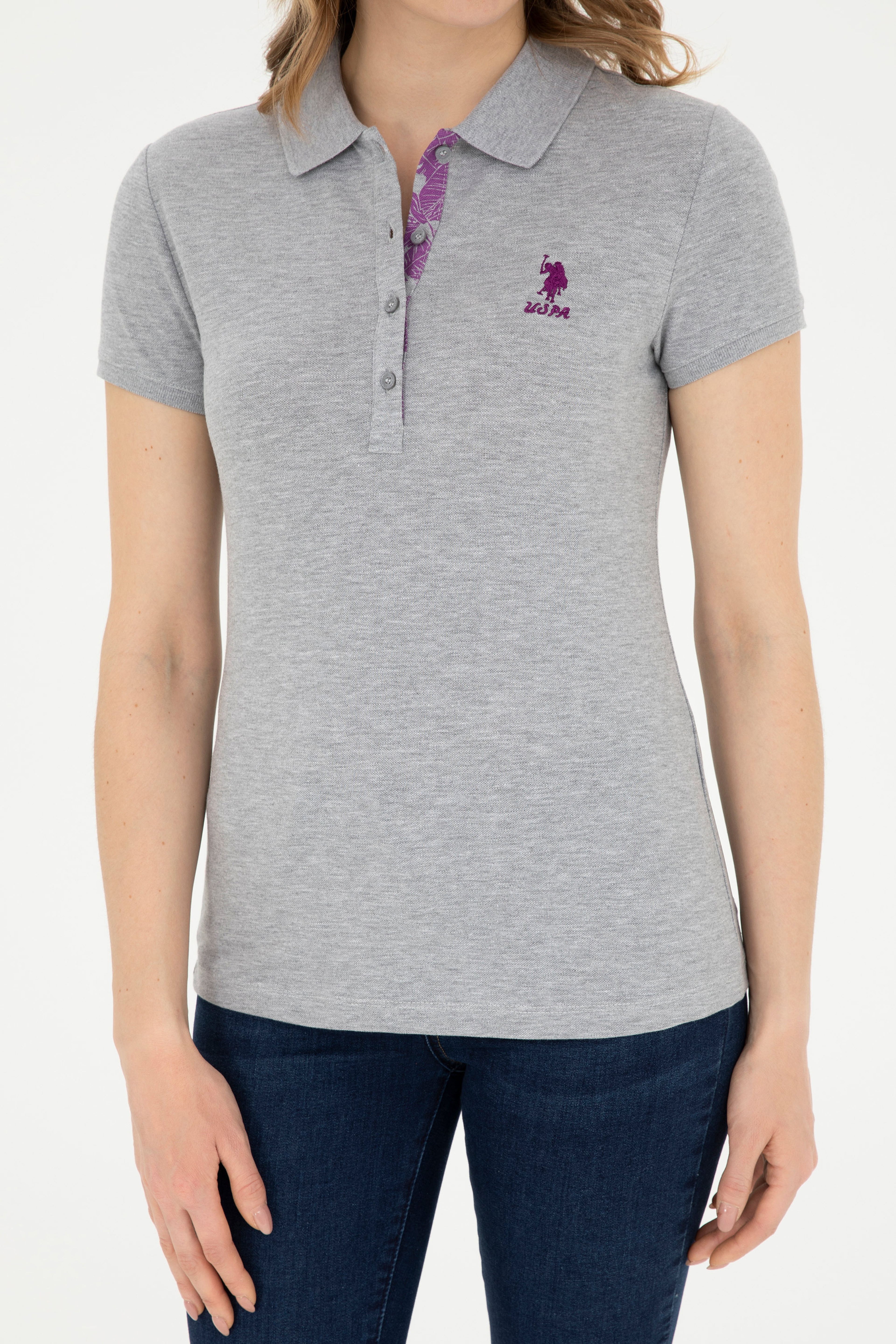 Kadın Gri Melanj Basic Polo Yaka Tişört - Image 6