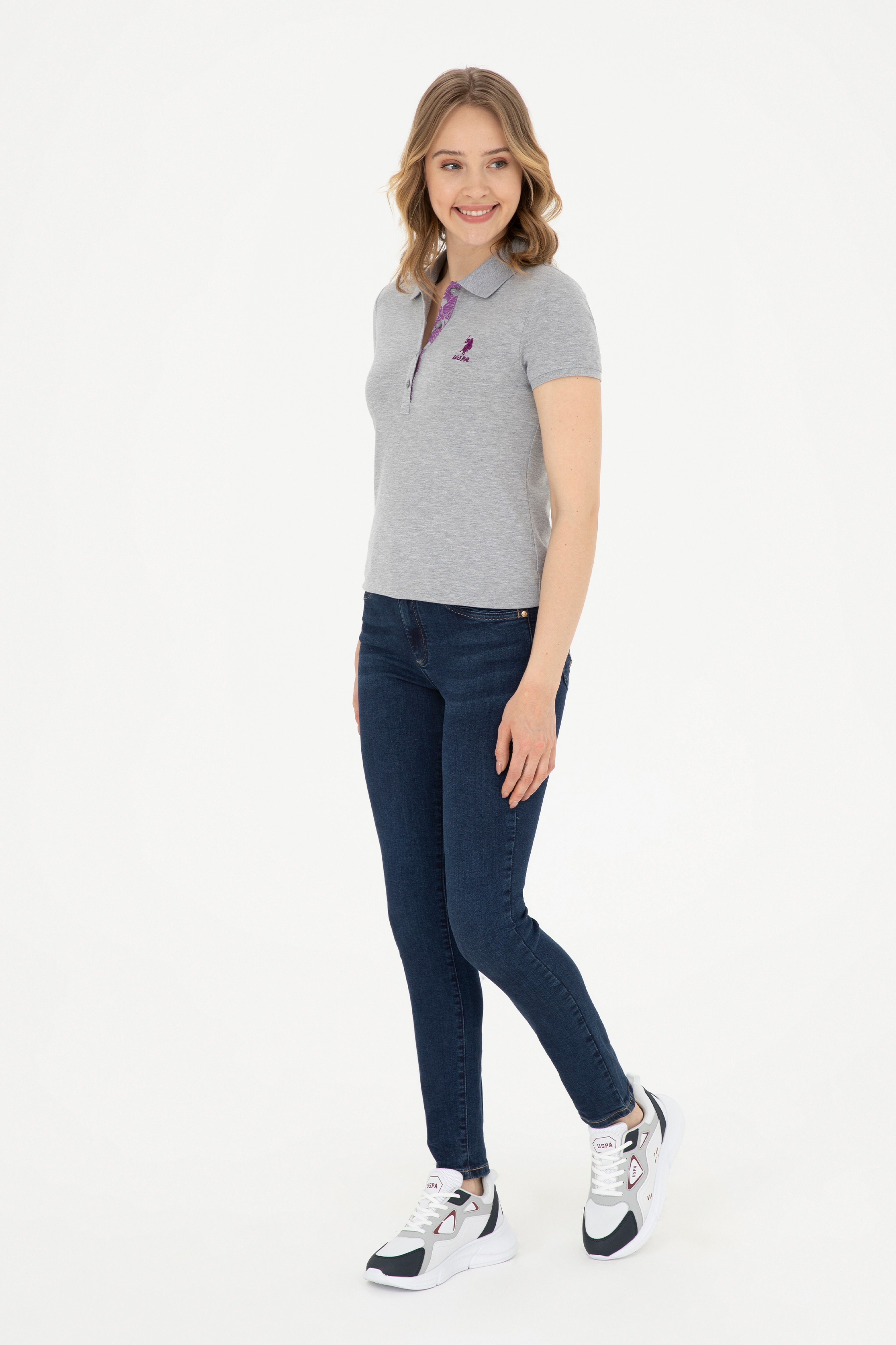 Kadın Gri Melanj Basic Polo Yaka Tişört - Image 4