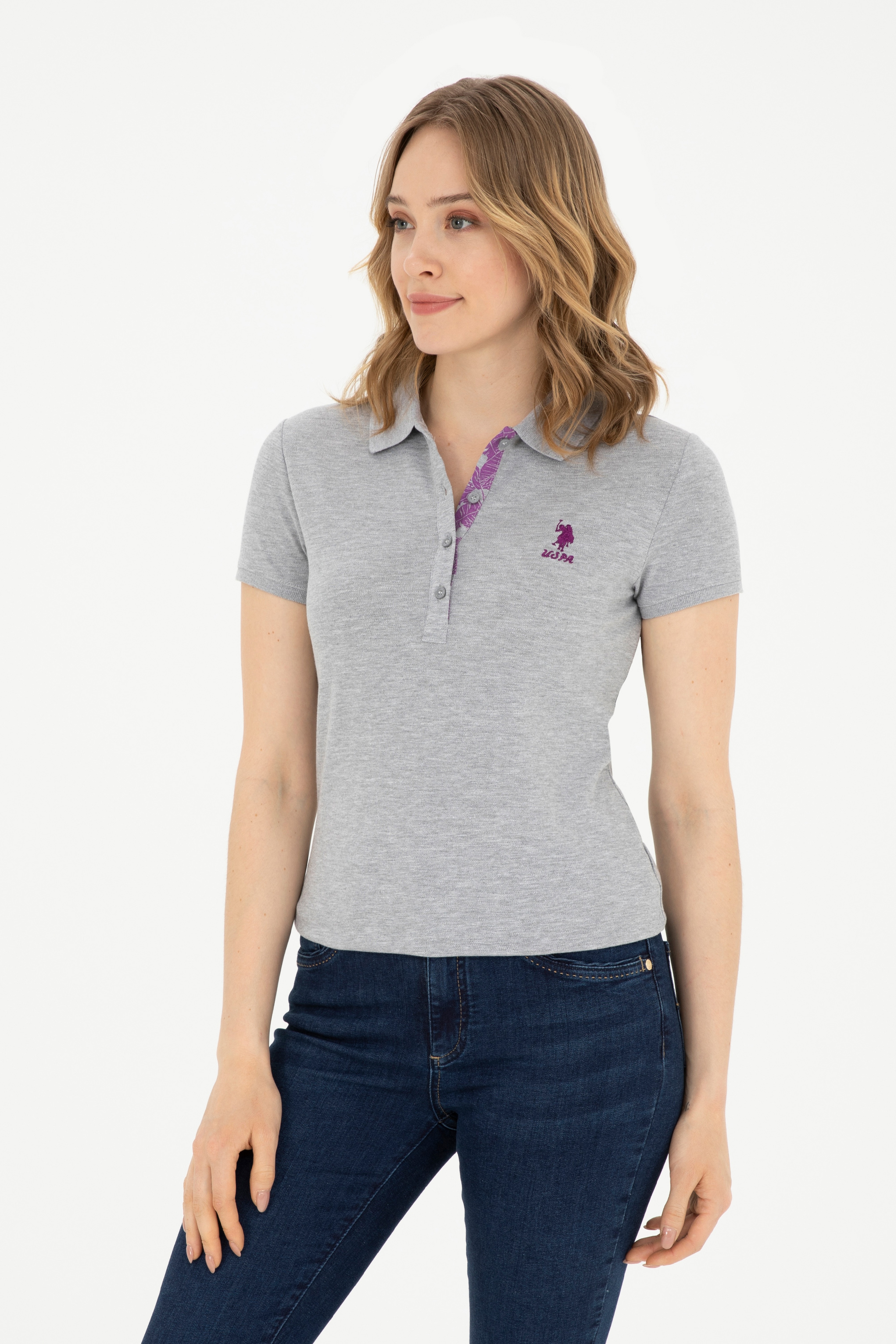 Kadın Gri Melanj Basic Polo Yaka Tişört - Image 1