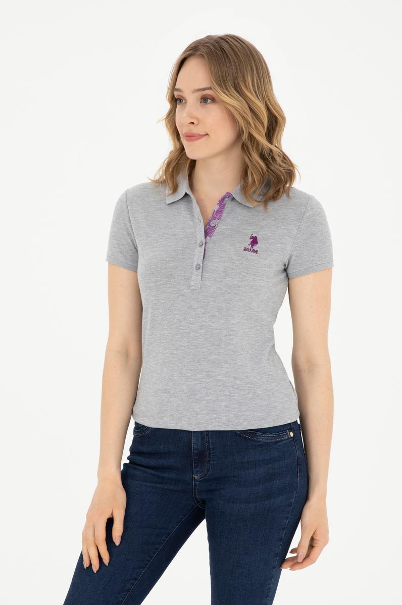 Kadın Gri Melanj Basic Polo Yaka Tişört