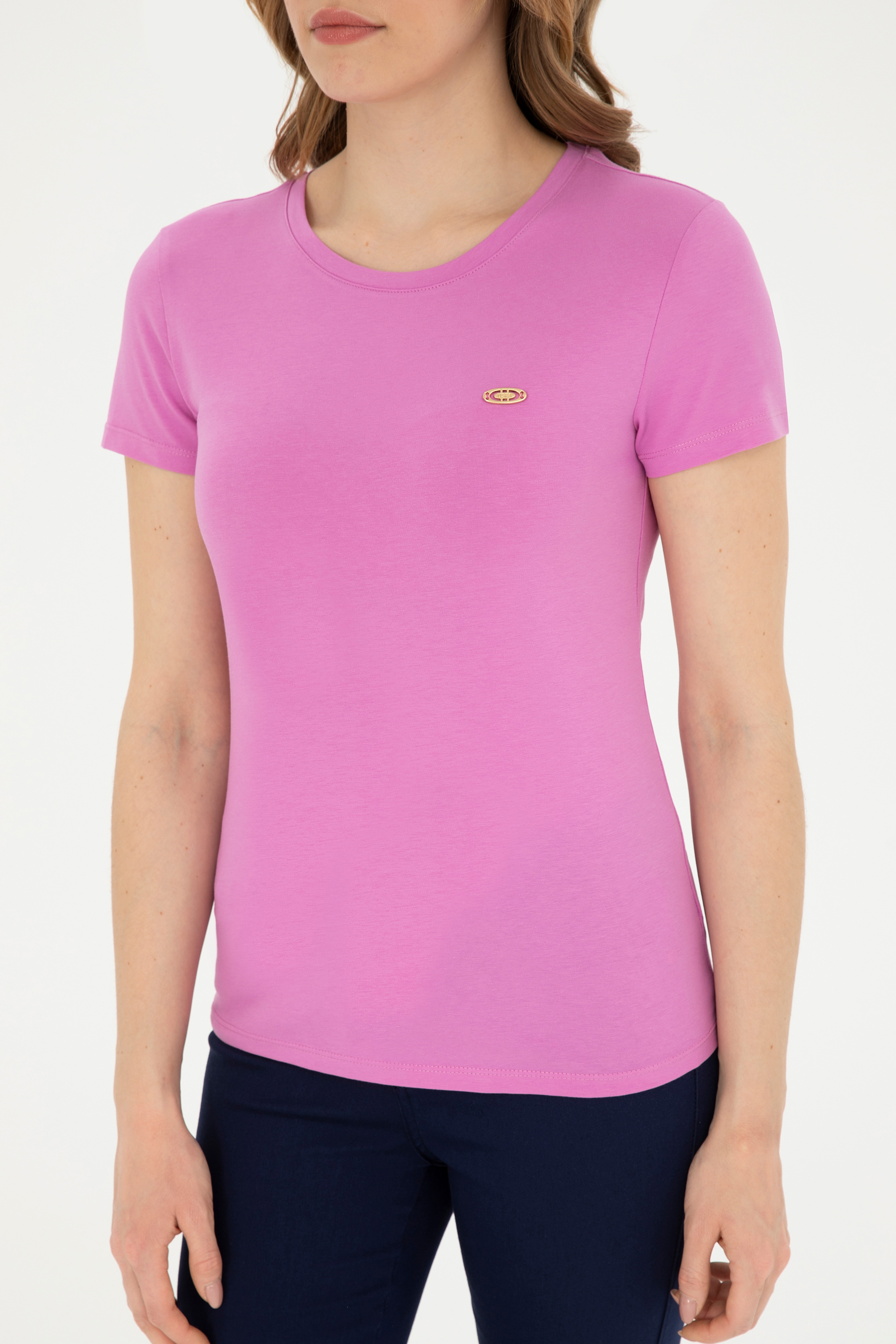 Kadın Pembe Bisiklet Yaka Basic Tişört - Image 6