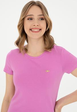 Kadın Pembe Bisiklet Yaka Basic Tişört - 50288686032