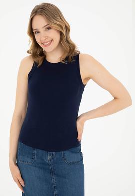 Kadın Lacivert Bisiklet Yaka Kolsuz Basic Tişört - 50280072021