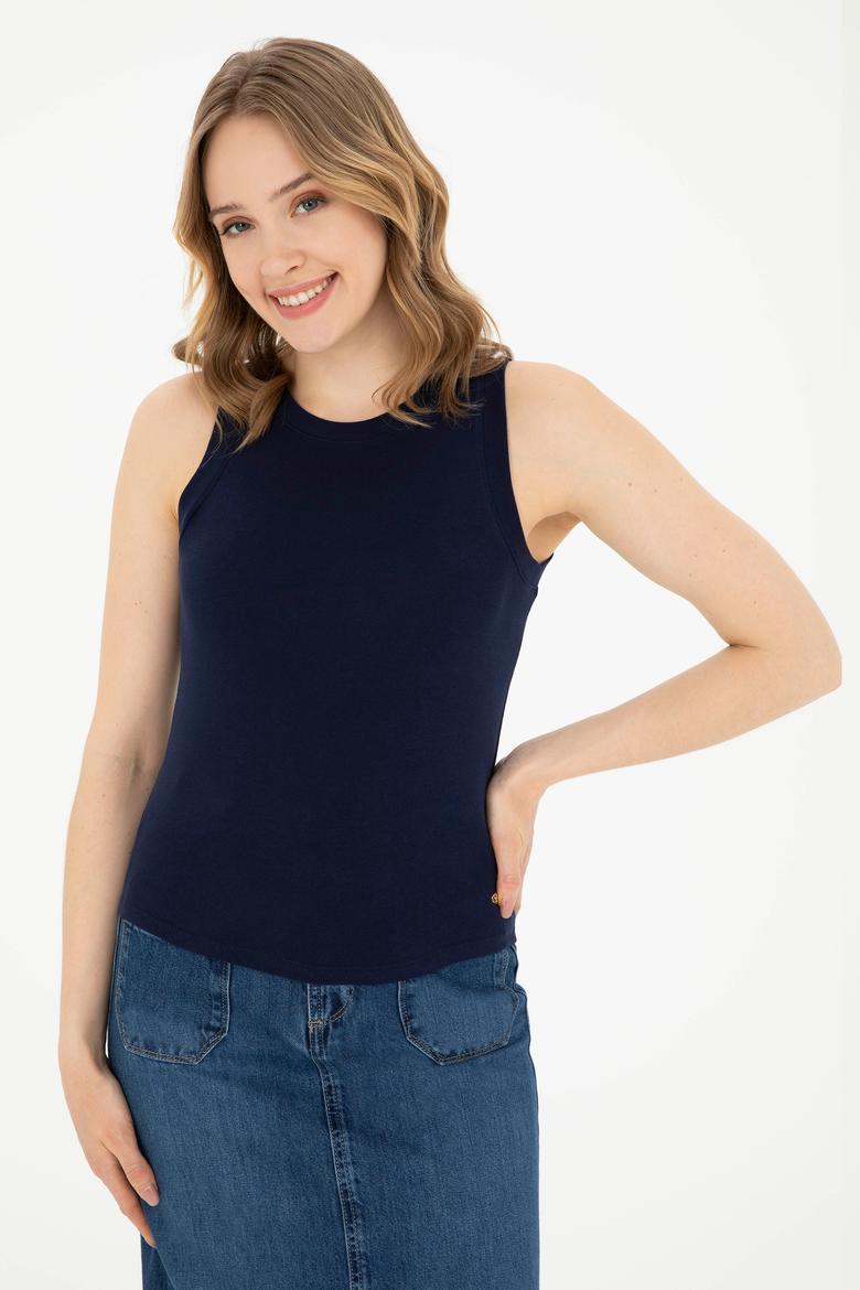 Kadın Lacivert Bisiklet Yaka Kolsuz Basic Tişört - 50280072021