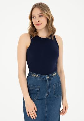 Kadın Lacivert Bisiklet Yaka Kolsuz Basic Tişört - 50280072021