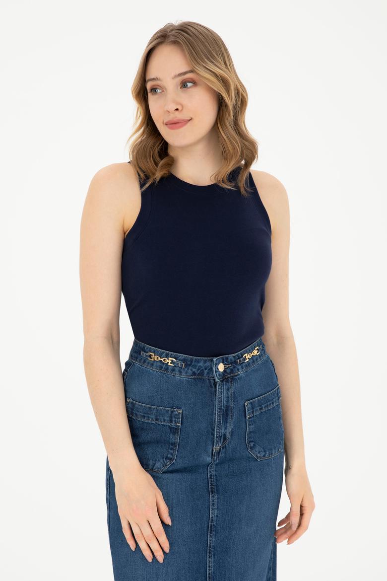 Kadın Lacivert Bisiklet Yaka Kolsuz Basic Tişört