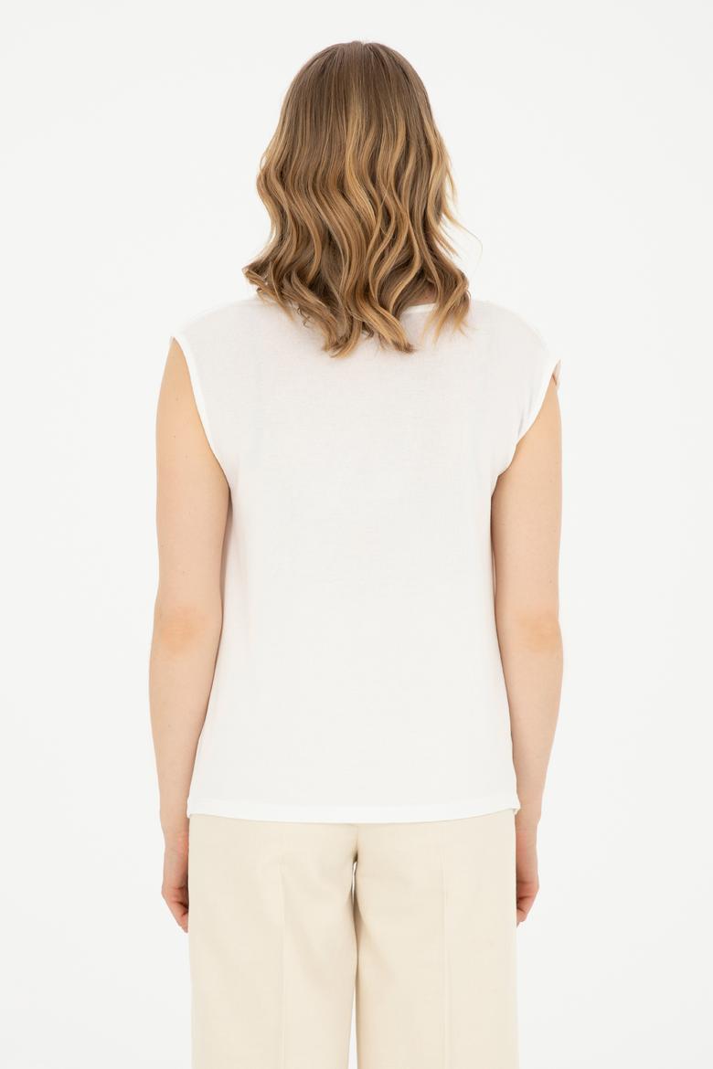 Kadın Ekru Bisiklet Yaka Tişört - 50281791014