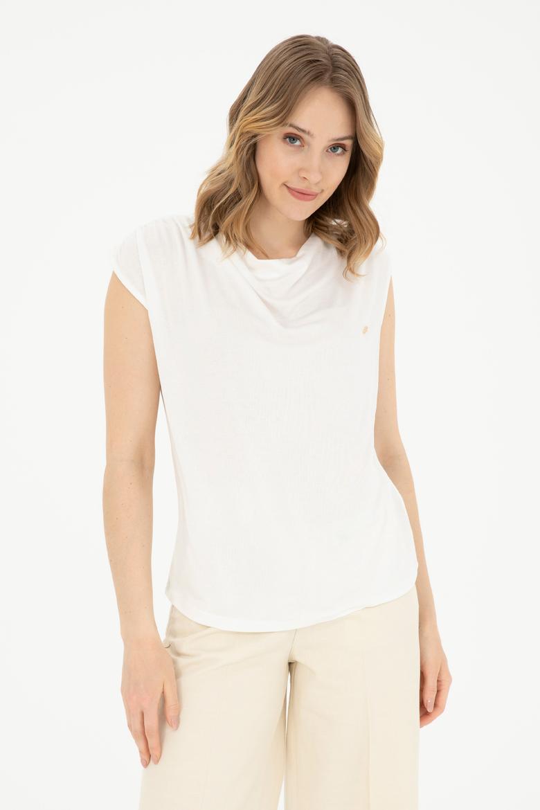 Kadın Ekru Bisiklet Yaka Tişört - 50281791014