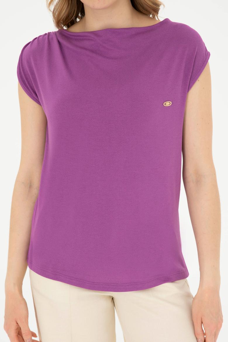 Kadın Mor Bisiklet Yaka Tişört - 50281791020