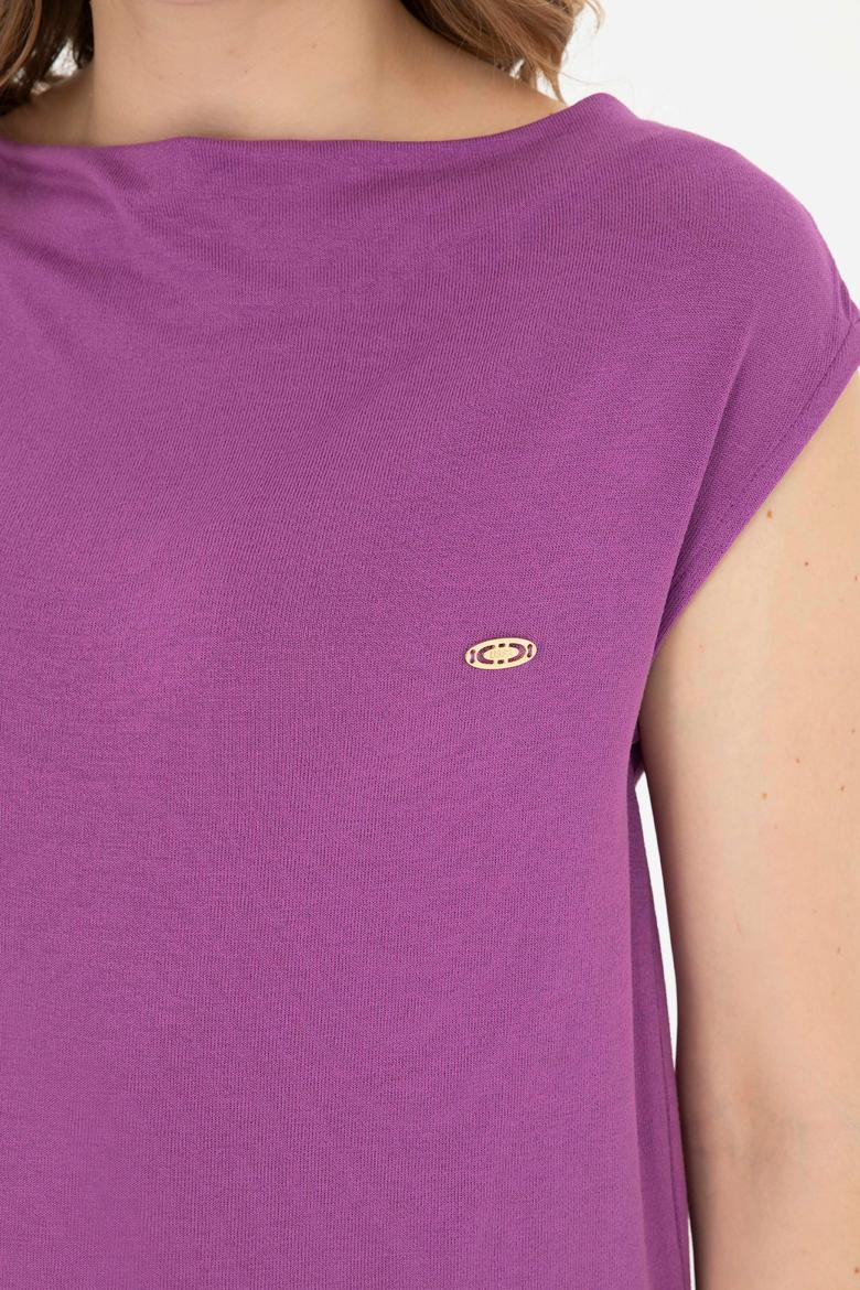 Kadın Mor Bisiklet Yaka Tişört - 50281791020