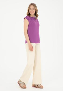 Kadın Mor Bisiklet Yaka Tişört - 50281791020