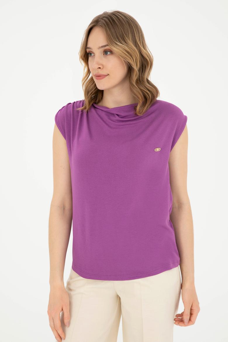 Kadın Mor Bisiklet Yaka Tişört - 50281791020