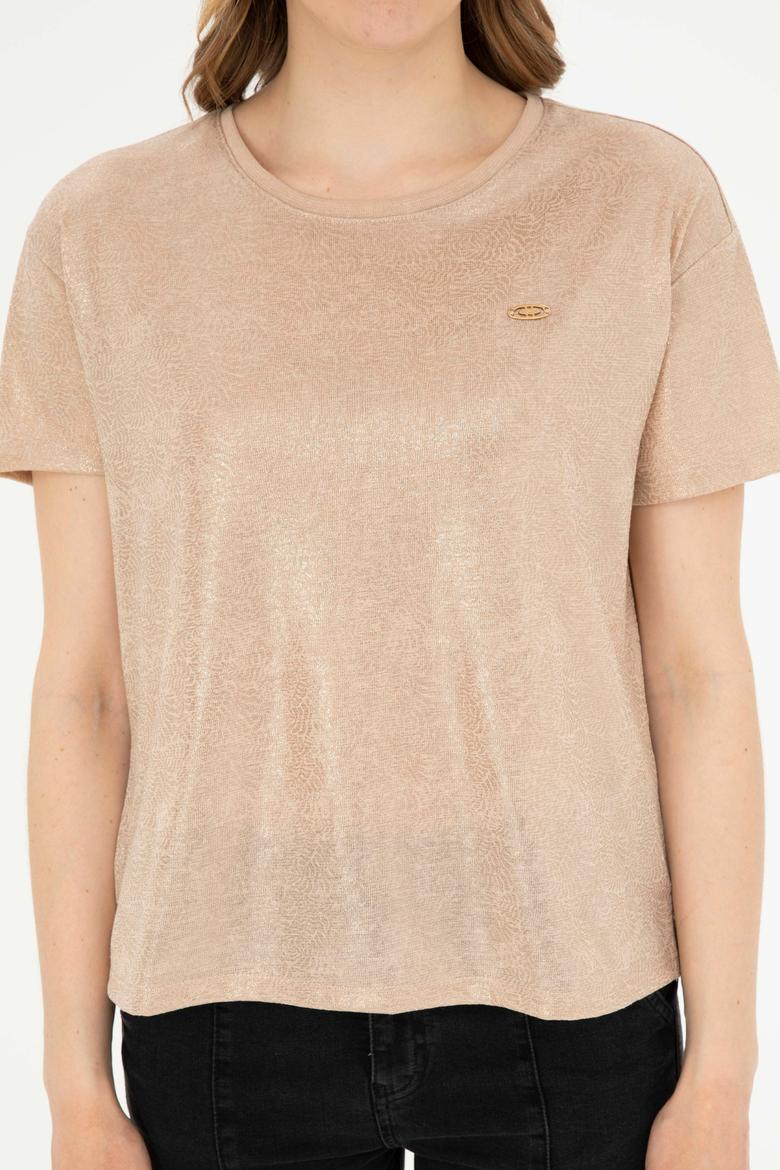 Kadın Bej Bisiklet Yaka Tişört - 50281801005