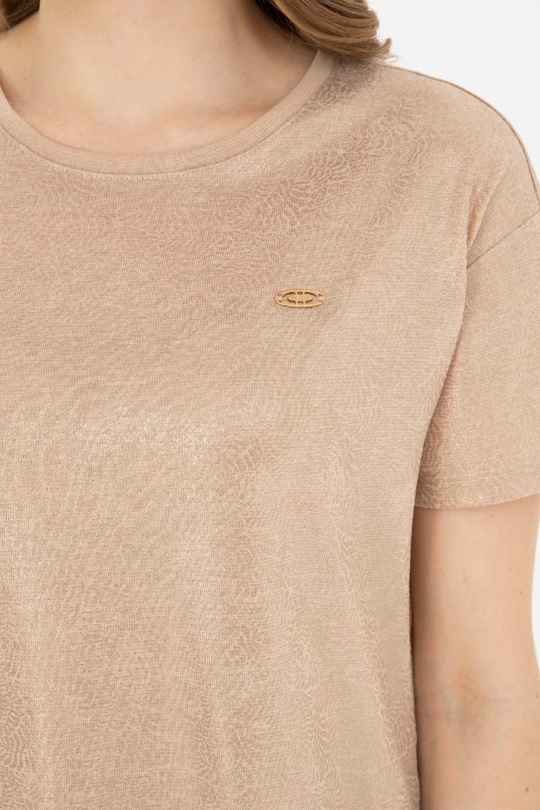 Kadın Bej Bisiklet Yaka Tişört - 50281801005