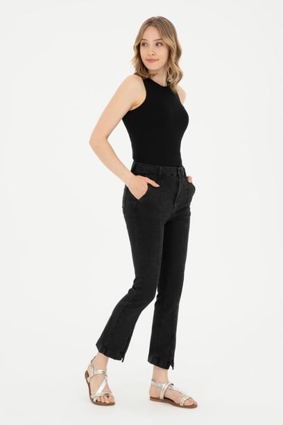 Kadın Siyah Skinny Flare Cropped Fit Jean Pantolon