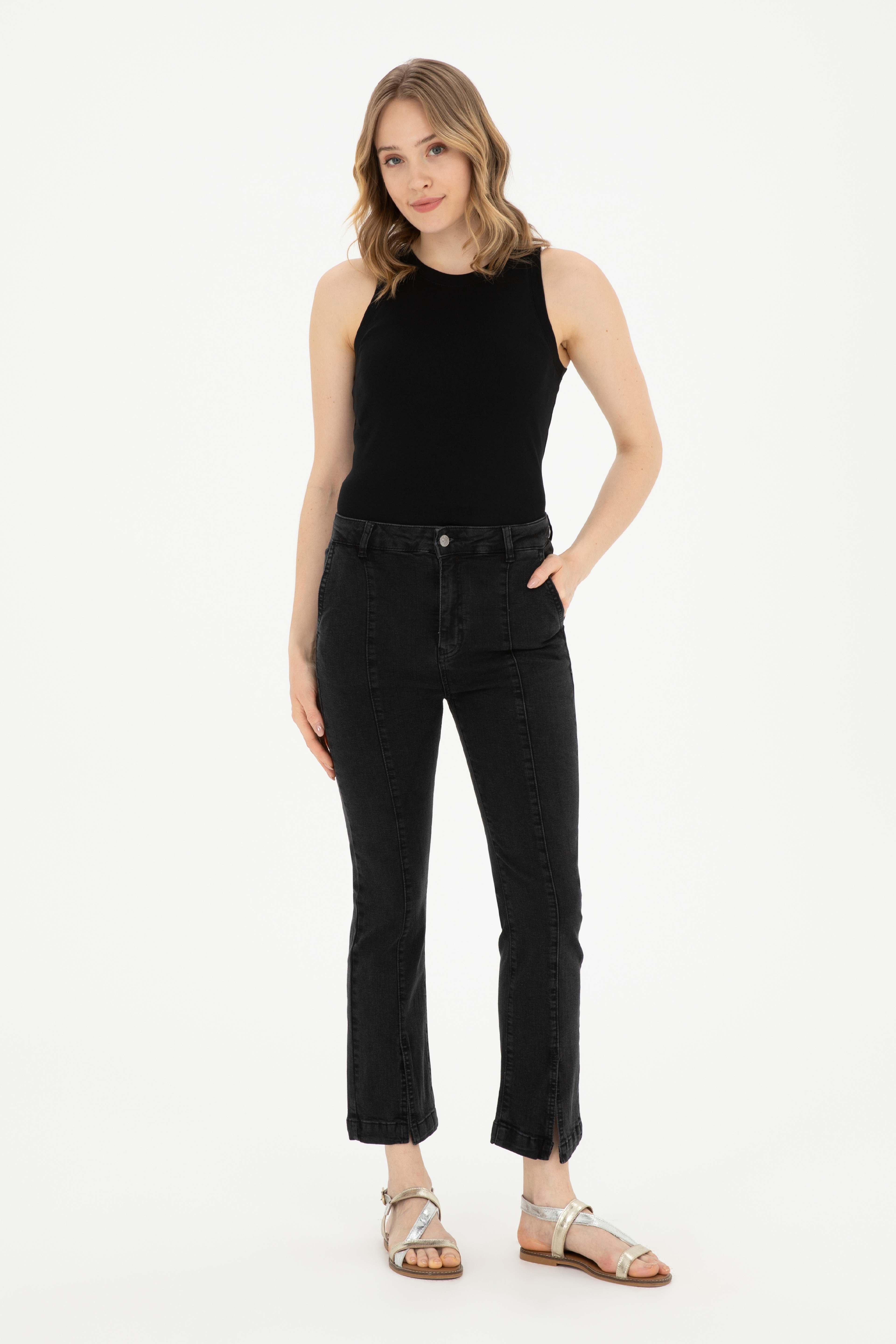 Kadın Siyah Skinny Flare Cropped Fit Jean Pantolon - Image 1