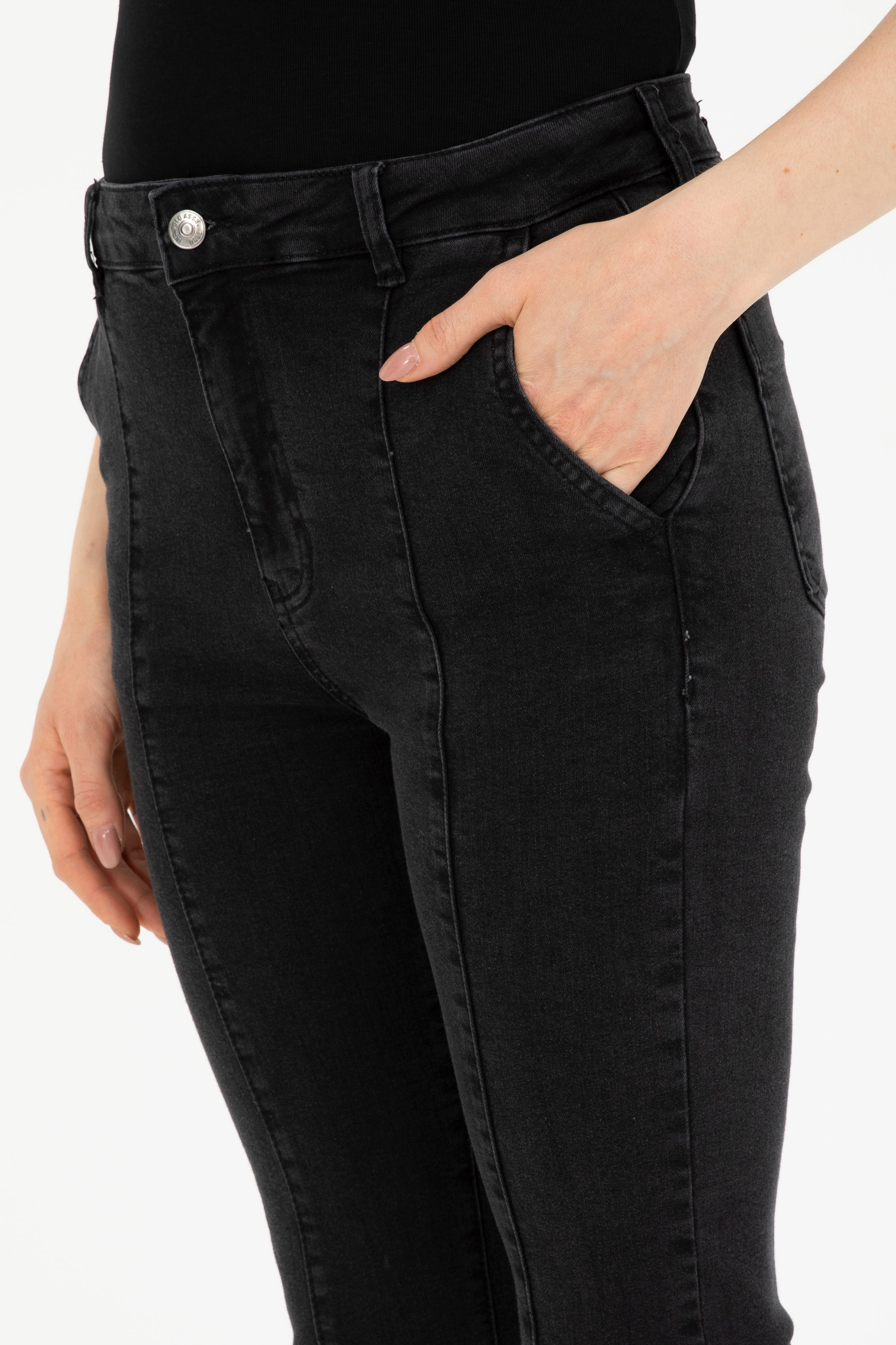 Kadın Siyah Skinny Flare Cropped Fit Jean Pantolon - Image 6