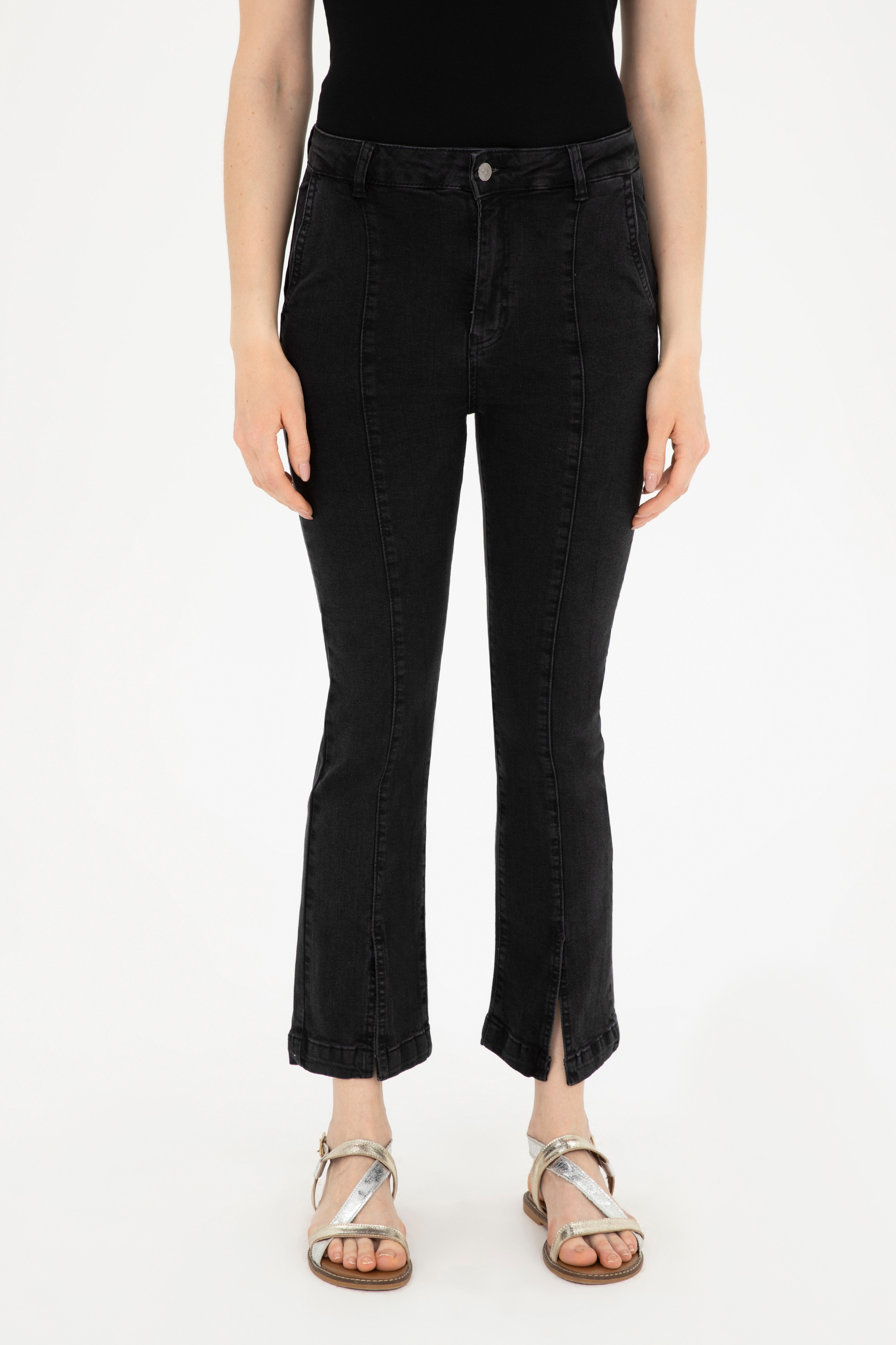 Kadın Siyah Skinny Flare Cropped Fit Jean Pantolon - Image 2