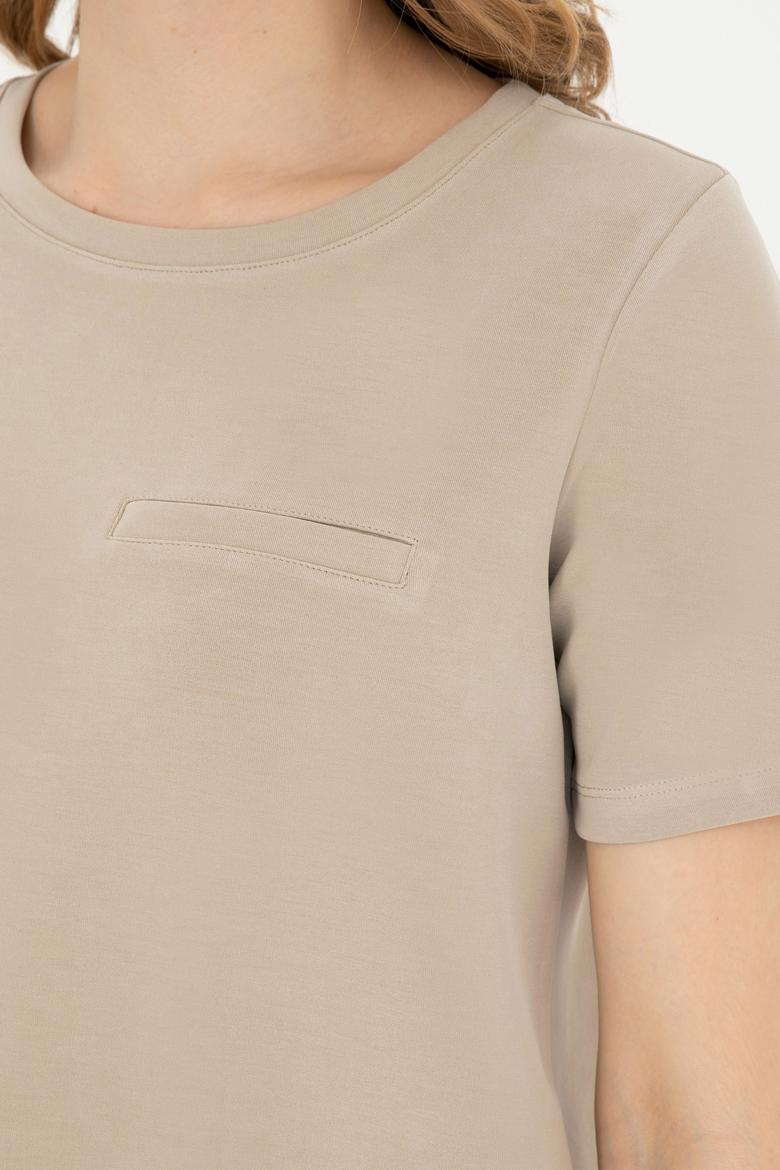 Kadın Açık Haki Bisiklet Yaka Tişört - 50282785013