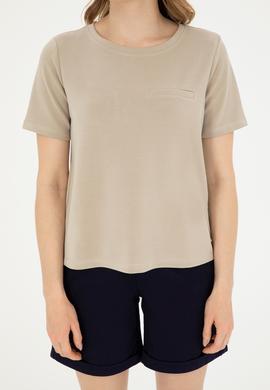 Kadın Açık Haki Bisiklet Yaka Tişört - 50282785013