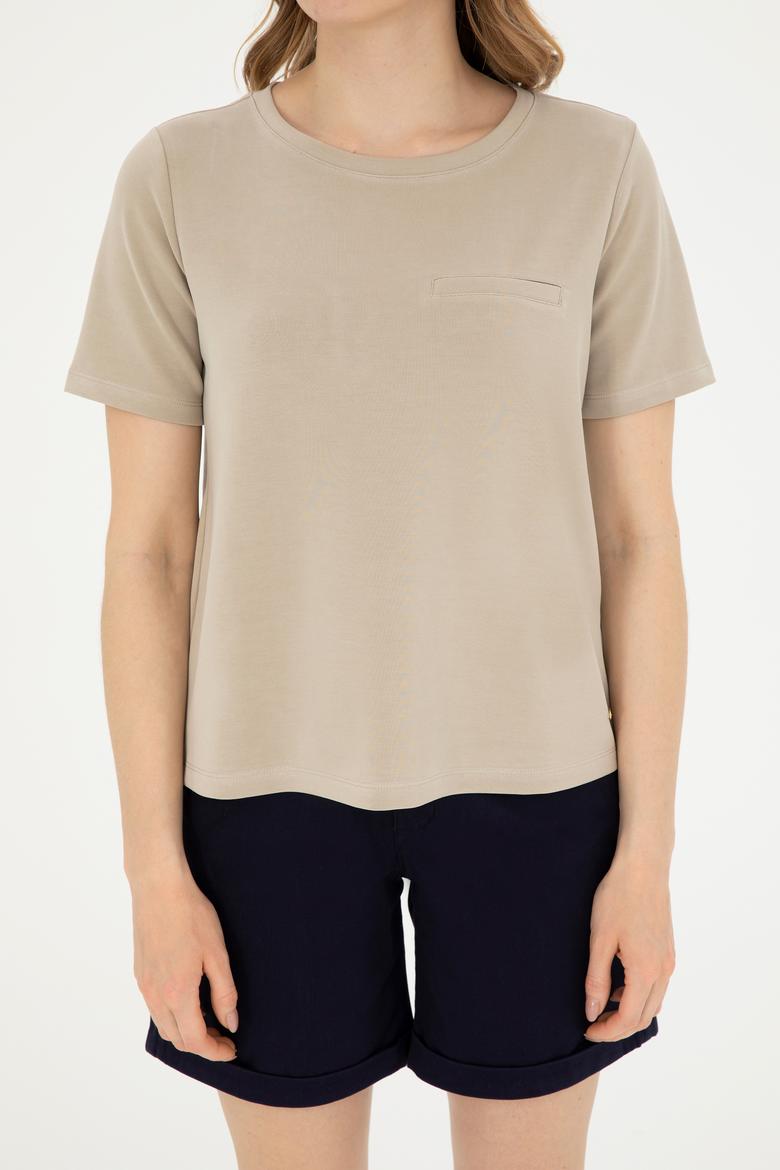 Kadın Açık Haki Bisiklet Yaka Tişört - 50282785013
