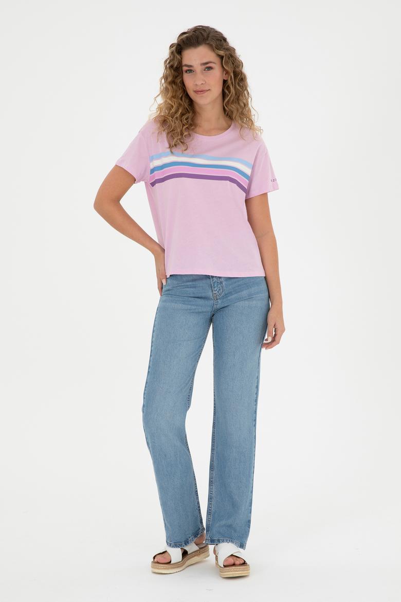 Kadın Pembe Bisiklet Yaka Tişört - 50286056015