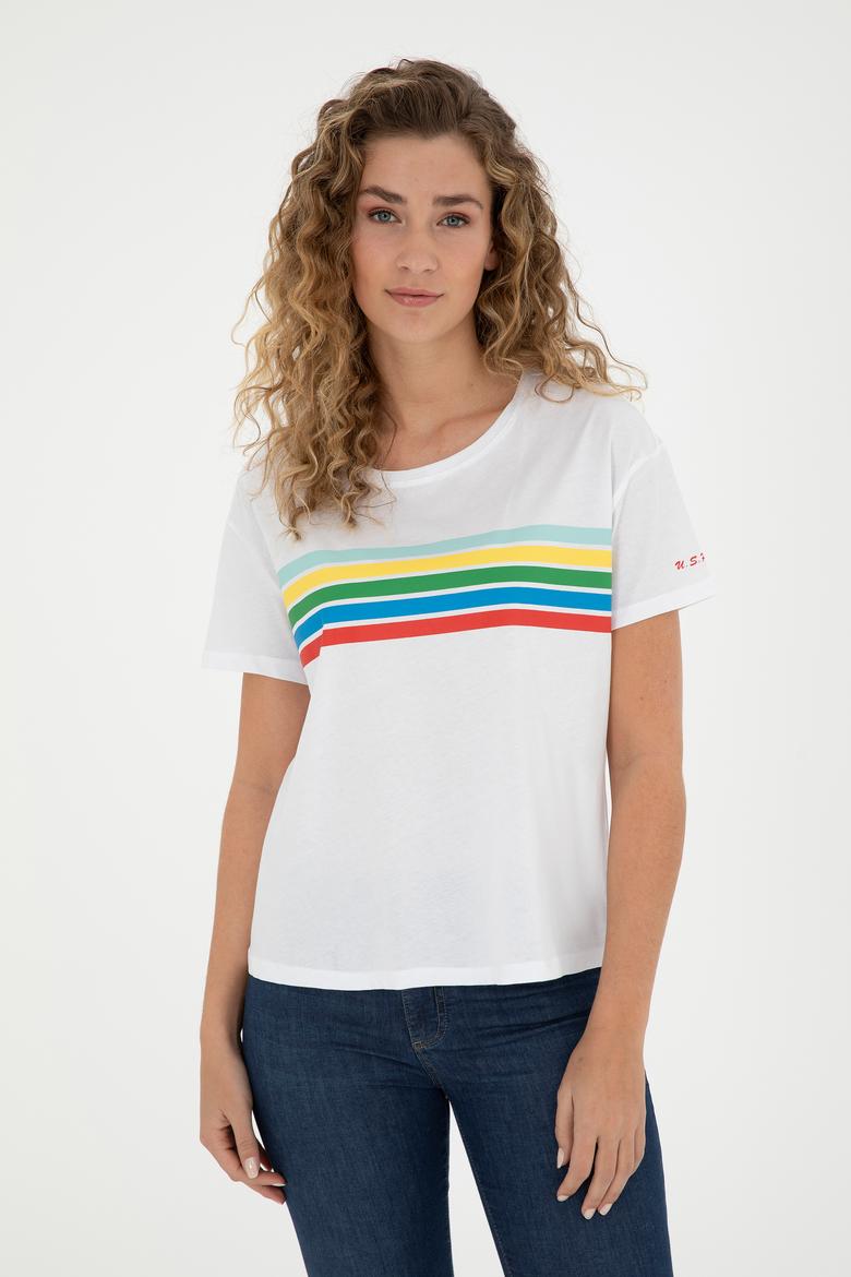 Kadın Beyaz Bisiklet Yaka Tişört - 50286056023