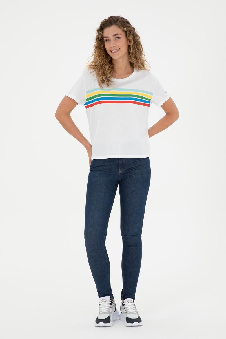 Kadın Beyaz Bisiklet Yaka Tişört - 50286056023