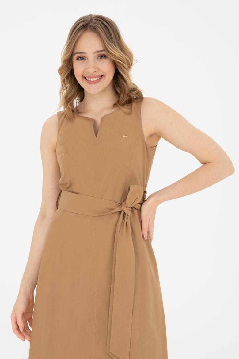 Kadın Kum Bisiklet Yaka Kolsuz Dokuma Elbise - 50280568007