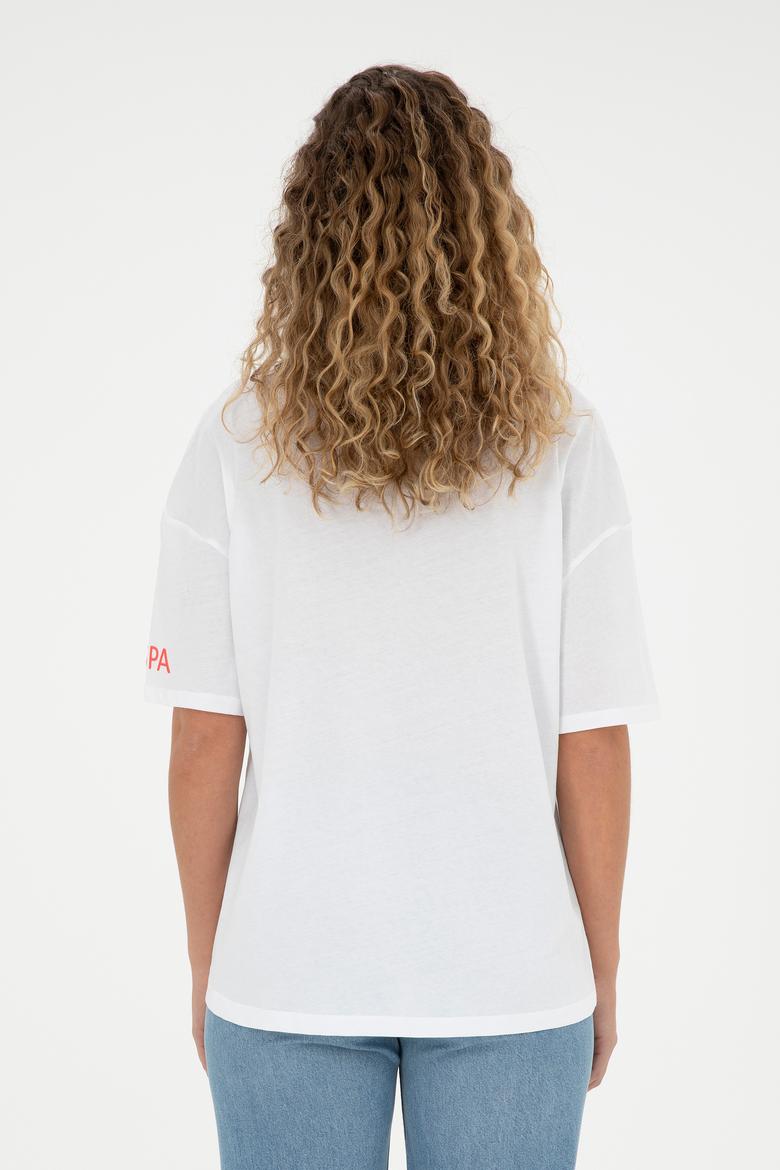 Kadın Beyaz Oversize Bisiklet Yaka Tişört - 50286107009