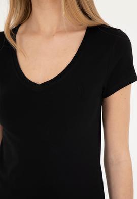 Kadın Siyah V Yaka Basic Tişört - 50280068017