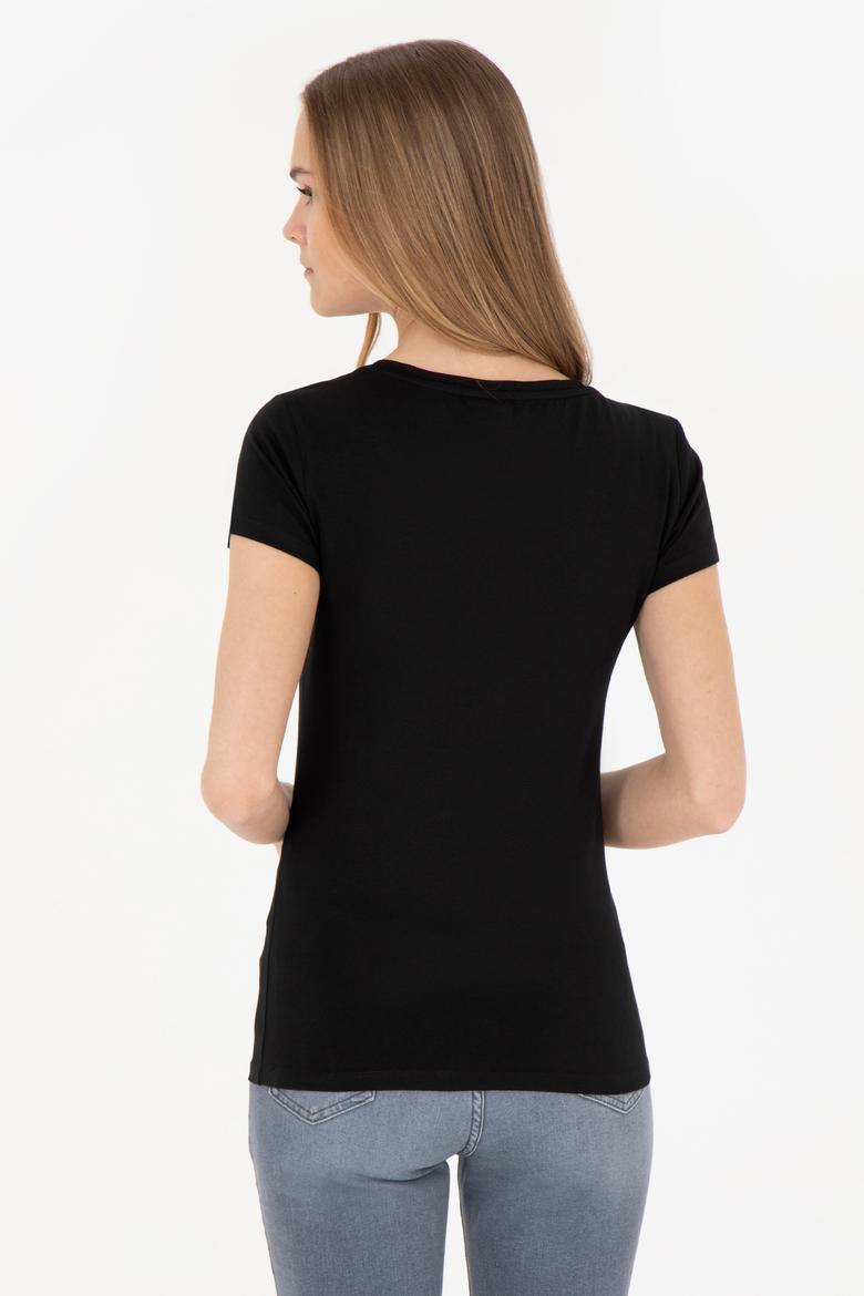 Kadın Siyah V Yaka Basic Tişört - 50280068017
