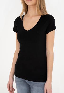Kadın Siyah V Yaka Basic Tişört - 50280068017