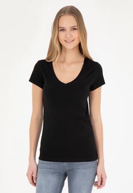 Kadın Siyah V Yaka Basic Tişört - 50280068017