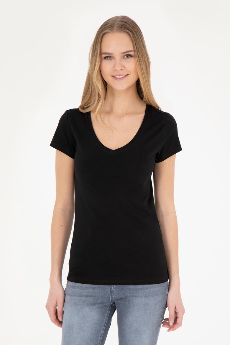 Kadın Siyah V Yaka Basic Tişört - 50280068017