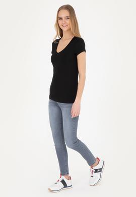 Kadın Siyah V Yaka Basic Tişört - 50280068017
