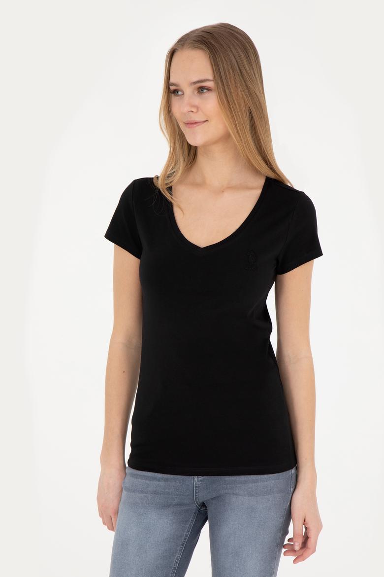 Kadın Siyah V Yaka Basic Tişört - 50280068017