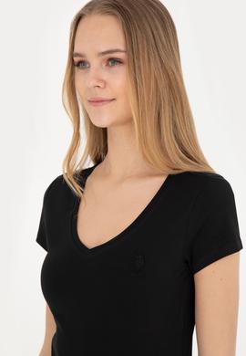 Kadın Siyah V Yaka Basic Tişört - 50280068017