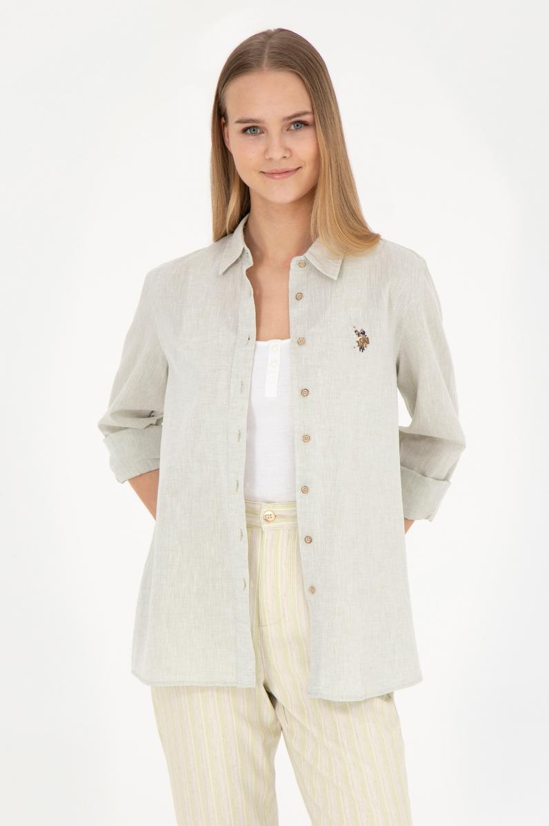 Kadın Açık Haki Uzun Kollu Basic Gömlek