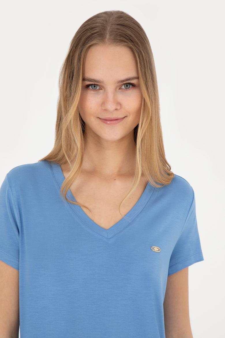 Kadın Koyu Mavi V Yaka Basic Tişört - 50280019115