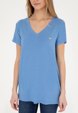 Kadın Koyu Mavi V Yaka Basic Tişört - 50280019115