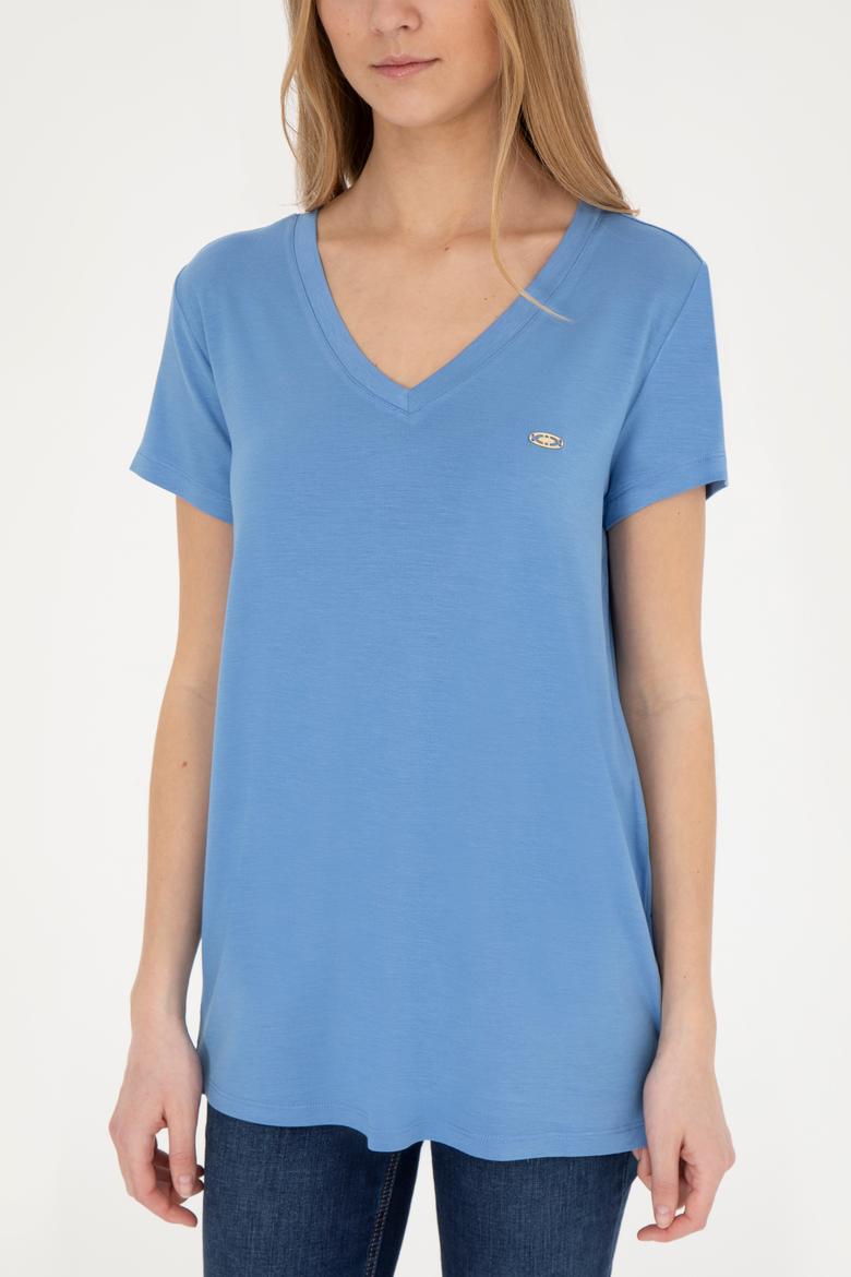 Kadın Koyu Mavi V Yaka Basic Tişört - 50280019115