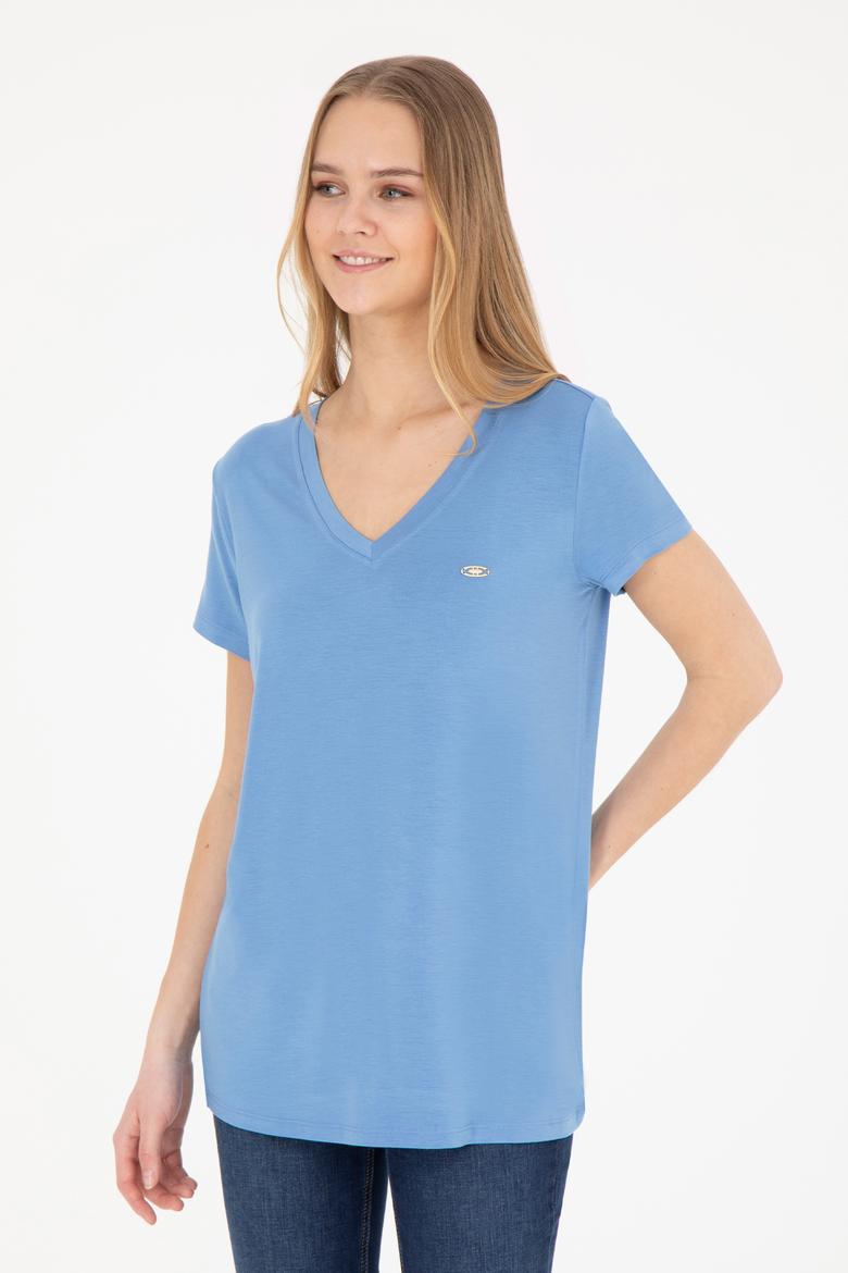 Kadın Koyu Mavi V Yaka Basic Tişört - 50280019115