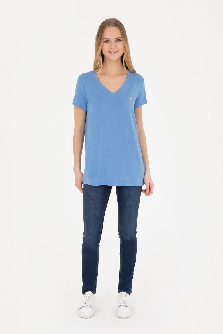 Kadın Koyu Mavi V Yaka Basic Tişört - 50280019115